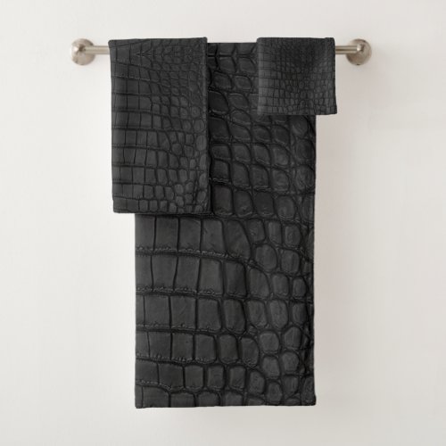 Faux Black Crocodile Leather Print Bath Towel Set