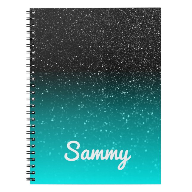 Faux Black Glitter and Aqua Ombre Personalized Notebook (Front)