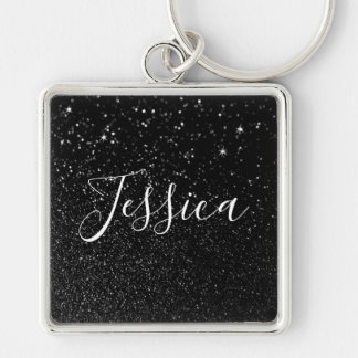 Faux Black Glitter Bokeh Photo Personalized Keychain