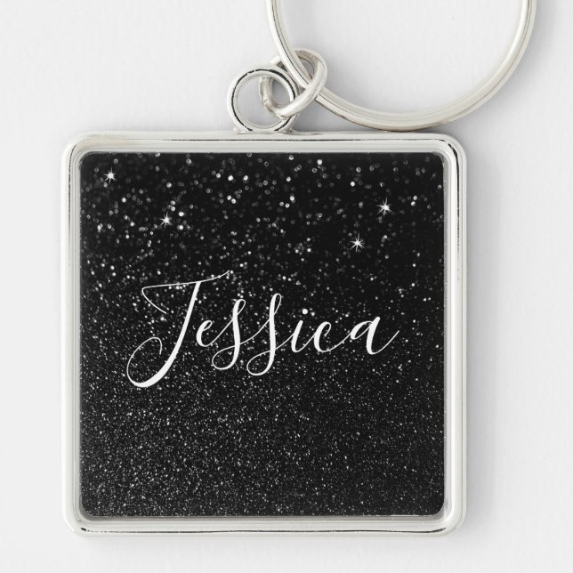 Faux Black Glitter Bokeh Photo Personalized Keychain (Front)