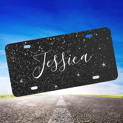 Faux Black Glitter Bokeh Photo Personalized License Plate