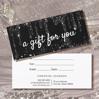 Faux Black Glitter Drips Gift Certificate Card by musickitten at Zazzle