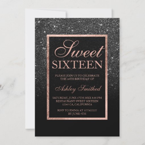 Faux Black Glitter Elegant Rose Gold Chic Sweet 16 Invitation 