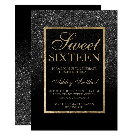 Faux Black Glitter Gold Elegant Chic Sweet 16 Invitation Zazzle Com
