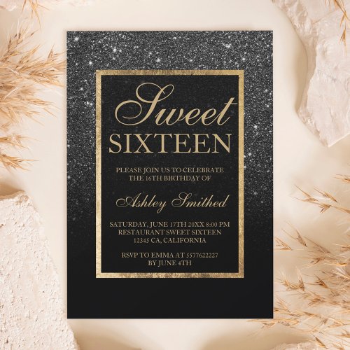 Faux black glitter gold elegant chic Sweet 16 Invitation