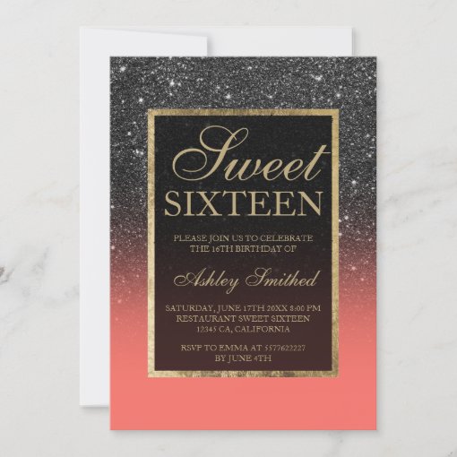 Faux black glitter gold elegant coral Sweet 16 Invitation | Zazzle