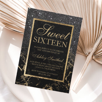Faux Black Glitter Gold Elegant Marble Sweet 16 Invitation by girly_trend at Zazzle