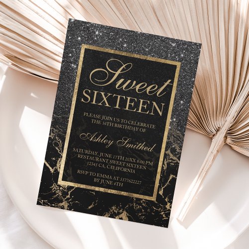Faux black glitter gold elegant marble Sweet 16 Invitation