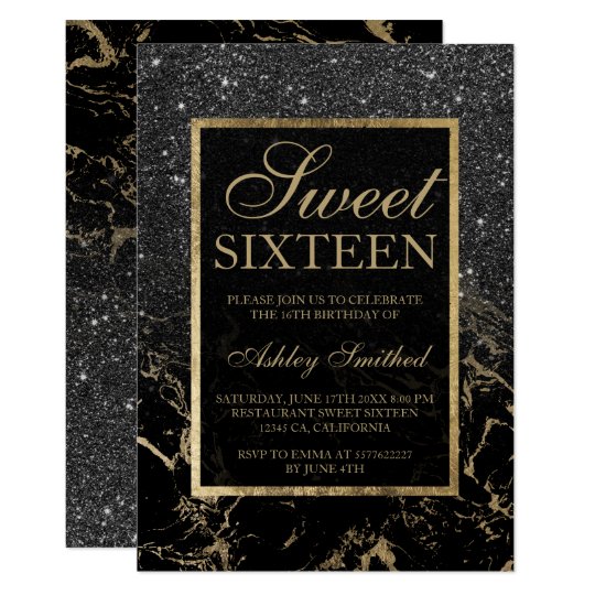 Faux black glitter gold elegant marble Sweet 16 Invitation | Zazzle.com