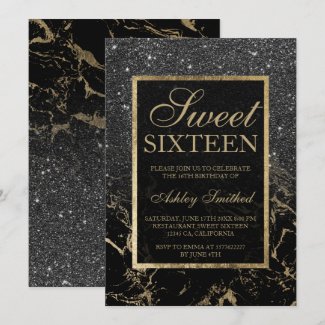 Faux black glitter gold elegant marble Sweet 16 Invitation
