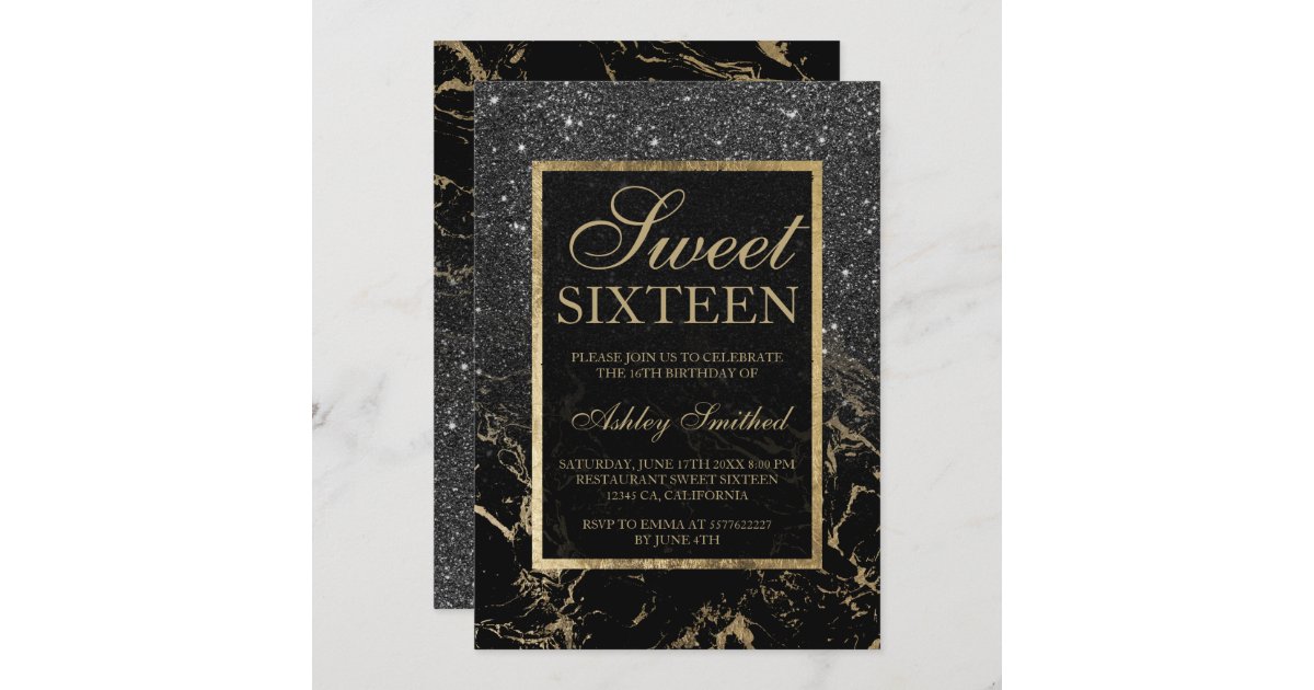 Faux black glitter gold elegant marble Sweet 16 Invitation | Zazzle