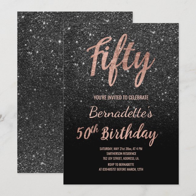 Faux black glitter script rose gold 50th Birthday Invitation (Front/Back)