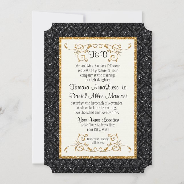 Faux Black Gold Glitter Damask Pattern Wedding Invitation (Front)