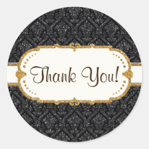 Faux Black Gold Glitter Damask Wedding Stationery Classic Round Sticker