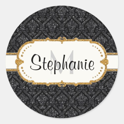 Faux Black Gold Glitter Damask Wedding Stationery Classic Round Sticker