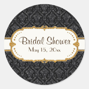 Faux Black Gold Glitter Damask Wedding Stationery Classic Round Sticker
