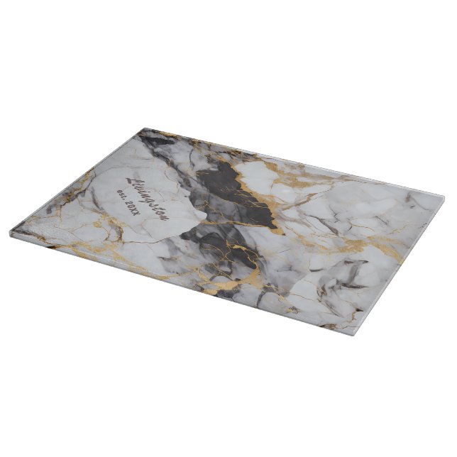 Faux Black Gold Marble Established Personalized Cutting Board (Corner)