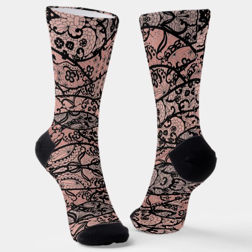 Faux Black Lace Fishnet Flowers Socks