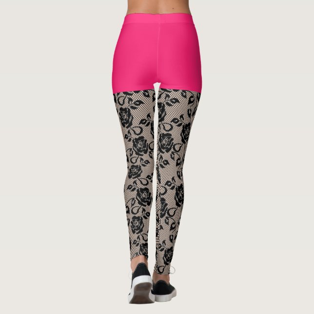 Faux Black Lace Fishnet Funny Leggings Pink Short (Back)