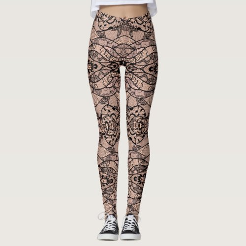 Faux Black Lace Fishnet Leggings with Flowers