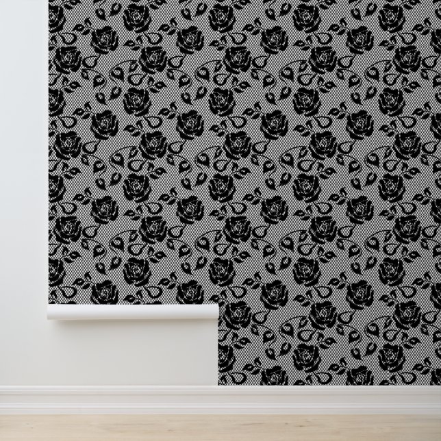 Faux Black Lace Fishnet Rose Custom Color Wallpaper (Application)