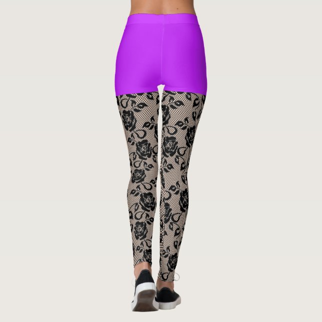 Faux Black Lace Fishnet with Purple Short Leggings (Back)