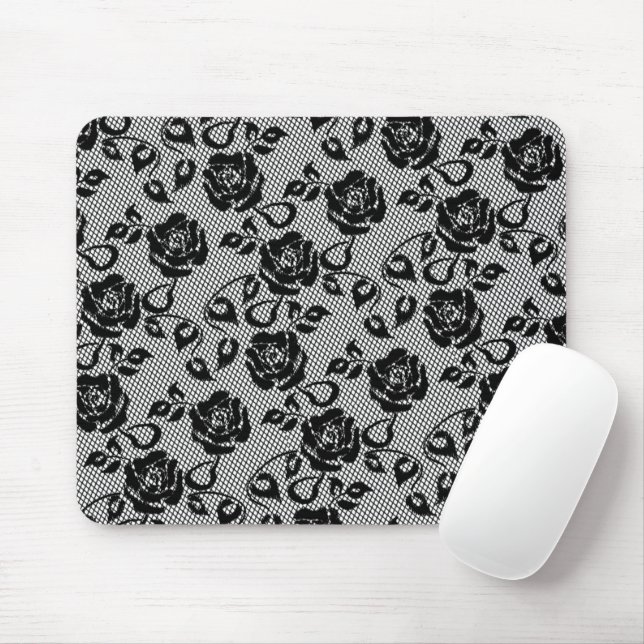 Faux Black Lace Rose Fishnet Mouse Pad (With Mouse)