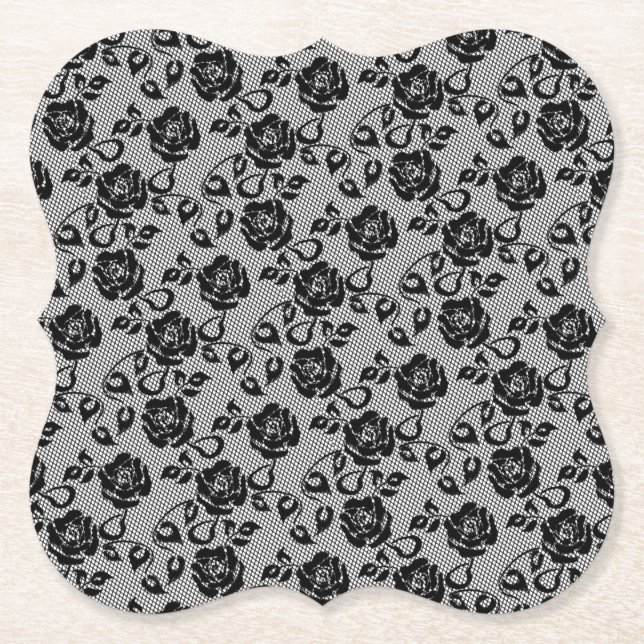 Faux Black Lace Roses Fishnet Paper Coaster (Front)