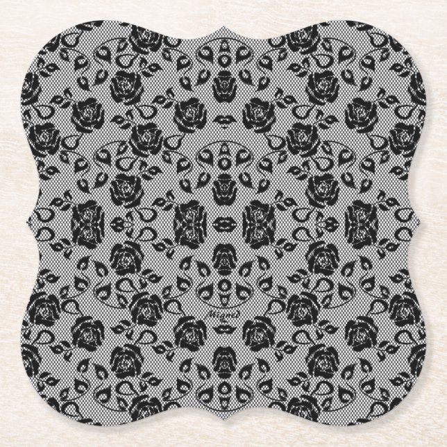 Faux Black Lace Roses Fishnet Paper Coaster (Front)