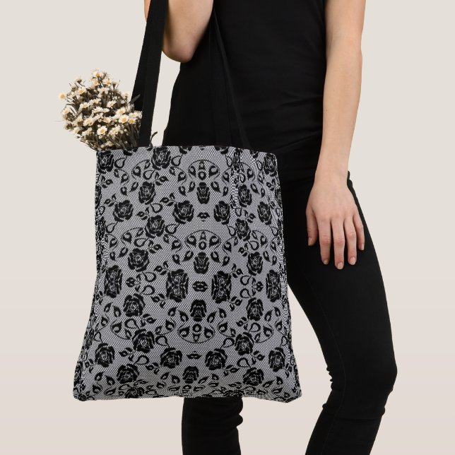 Faux Black Lace Roses Fishnet Tote Bag (Close Up)