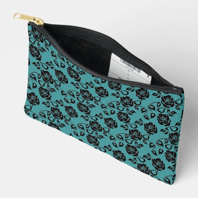 Faux Black Lace Teal Accessory Pouch (Open)