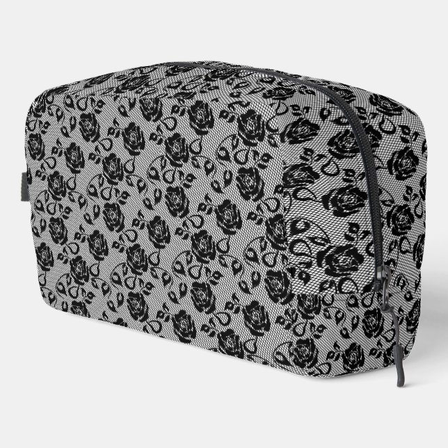 Faux Black Lace with Roses Fishnet Dopp Kit (Right Corner)