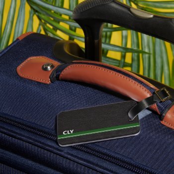 Faux Black Leather Green Bar Monogram Luggage Tag by NightOwlsMenagerie at Zazzle