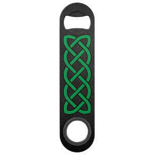 Faux Black Leather Green Celtic Knot Custom Text Speed Bottle Opener