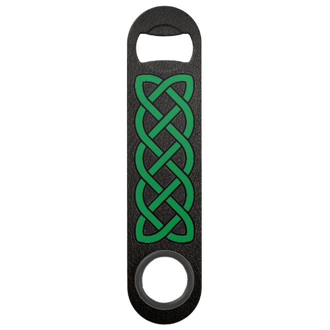 Faux Black Leather Green Celtic Knot Custom Text Speed Bottle Opener (Front)