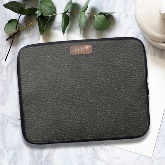 Faux Black Leather Look Monogram Laptop Sleeve (Add your initials to this stylish black laptop sleeve)