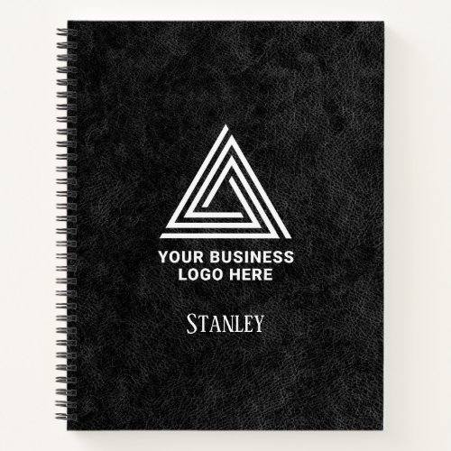 Faux Black Leather Minimalist Logo Employee Name Notebook