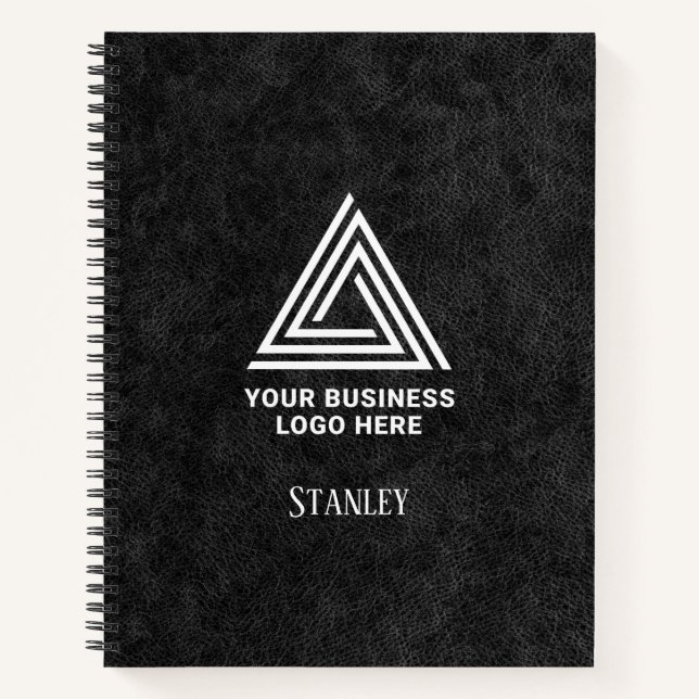 Faux Black Leather Minimalist Logo Employee Name Notebook (Front)