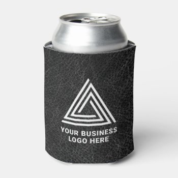 Faux Black Leather Modern Business Logo Can Cooler by designs4you at Zazzle