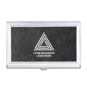 Faux Black Leather Modern Business Logo Card Case