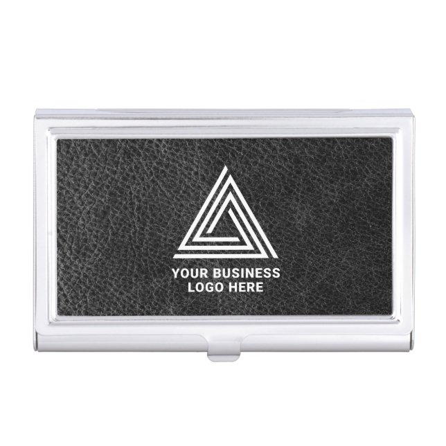Faux Black Leather Modern Business Logo Card Case (Front)