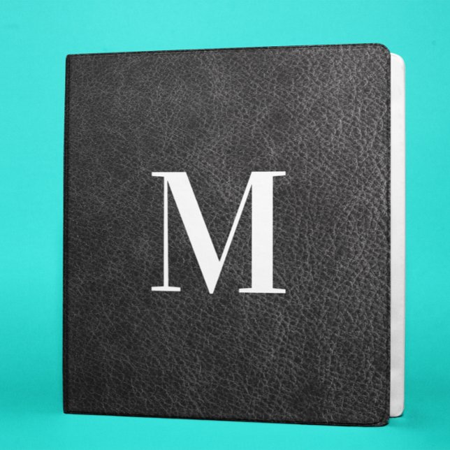 Faux Black Leather Modern Monogram 3 Ring Binder (Creator Uploaded)