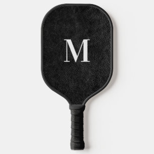 Faux Black Leather Modern Monogram Pickleball Paddle
