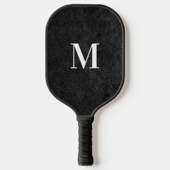Faux Black Leather Modern Monogram Pickleball Paddle by designs4you at Zazzle