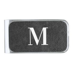 Faux Black Leather Modern Monogram Silver Finish Money Clip