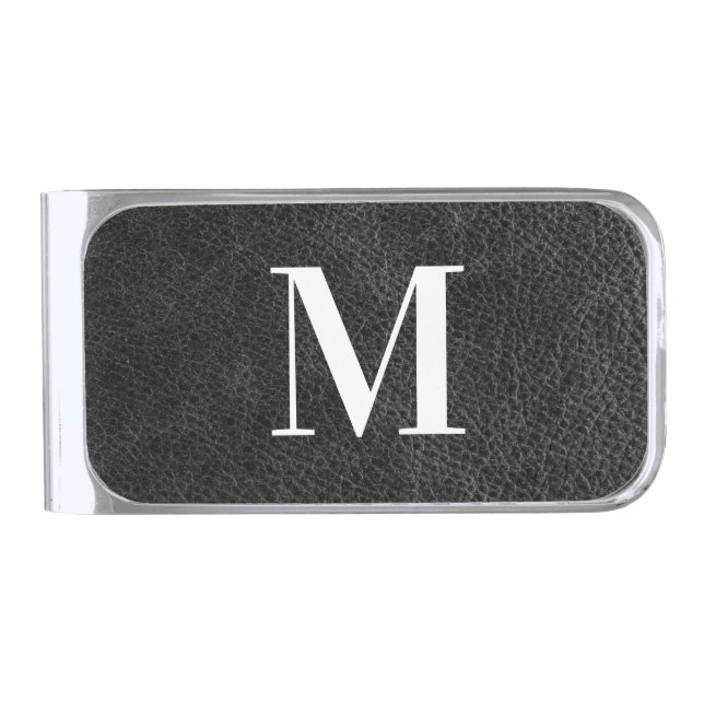 Faux Black Leather Modern Monogram Silver Finish Money Clip (Front)