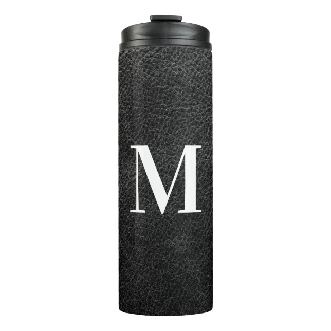 Faux Black Leather Modern Monogram Thermal Tumbler (Front)