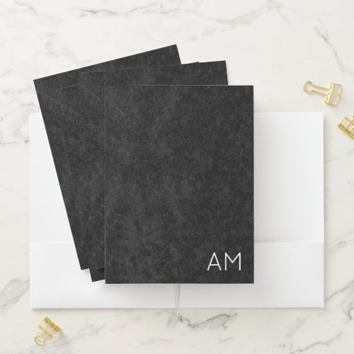 Faux Black Leather Modern Two Letter Monogram Pocket Folder