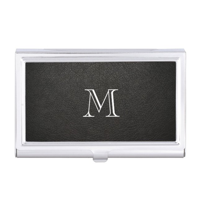 Faux Black Leather Monogram Business Card Holder (Front)