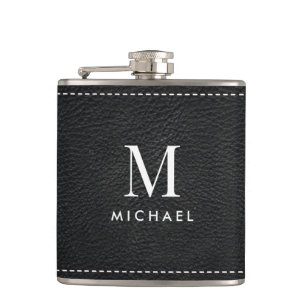 Faux Black Leather Monogram Initial & Name Flask